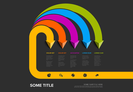 Multipurpose dark infographic with five elements and long curved back arrows