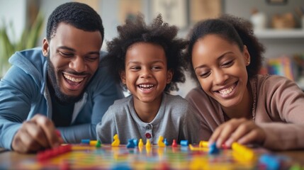 Close-up of a family playing board games at home, laughter and joy visible in their expressions - obrazy, fototapety, plakaty