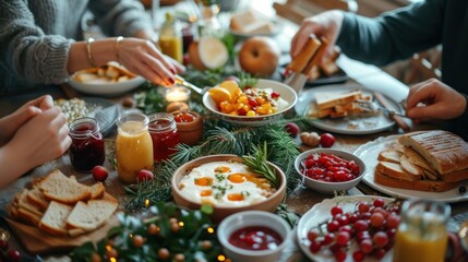 Close-up of a festive family breakfast table, hands passing dishes and homemade jams