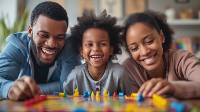 Close-up of a family playing board games at home, laughter and joy visible in their expressions