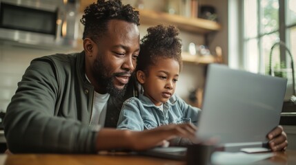 Close-up of a parent and child at the kitchen table, both focused on their laptops, remote work and study session - obrazy, fototapety, plakaty