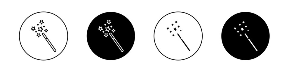 Magic Wand Icon Set. Wizard Star Magician Miracle Dust Vector Symbol in a black filled and outlined style. Fairy Tale Trick Button Sign. - obrazy, fototapety, plakaty