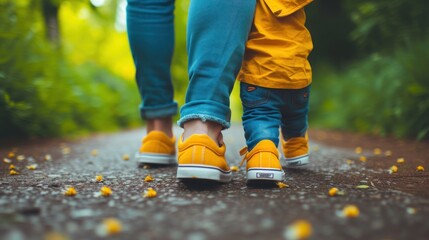 Close-up of a parent and child's feet, wearing matching shoes and walking together