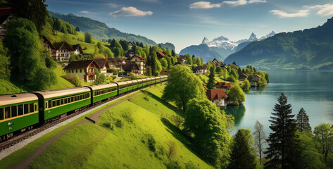 Train on lake Lucerne, Switzerland. Panoramic view.Panoramic view of Bernese Oberland with train, Switzerland