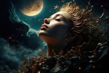 Metaphor of a woman and the moon in the night sky - obrazy, fototapety, plakaty