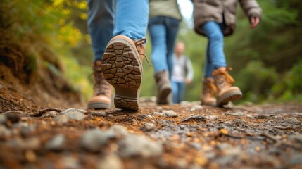 Close-up of multi-generational family members walking together, focus on feet stepping in unison across different terrains