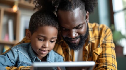 Close-up on a parent helping their child with homework on a digital tablet, sharing a learning...