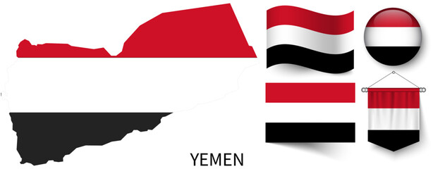The various patterns of the Yemen national flags and the map of the Yemen borders