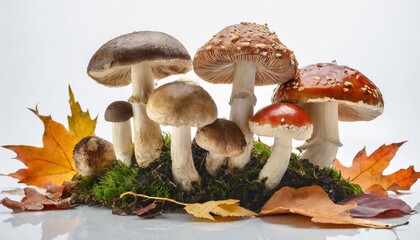 many toadstools with dry leaves at various angles on white background