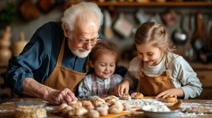 Grandparent teaching a traditional family recipe to grandchildren, close-up on hands and ingredients