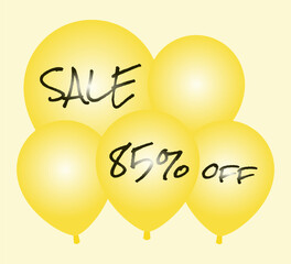 Sale and 85% off written in pen on yellow balloons.