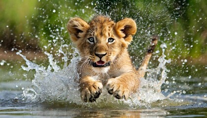 lion cub making a splash