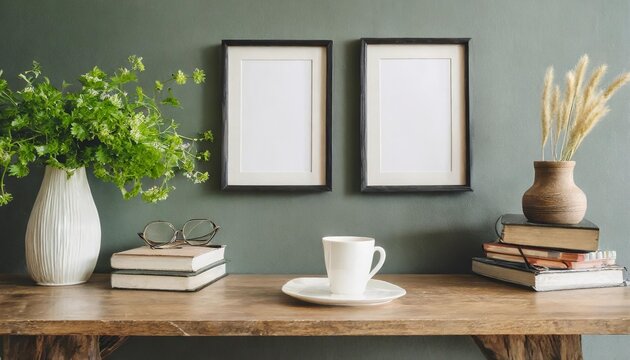two empty vertical picture frame mockups hanging on wall cup of coffee books wooden desk table vase green grasses and cow parsley minimal working space home office elegant scandi interior