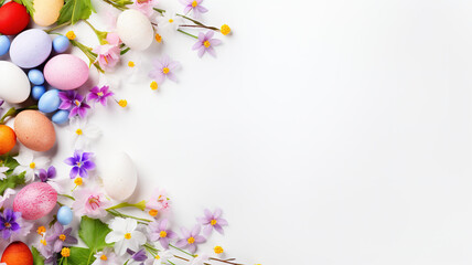 Easter eggs and spring flowers on white background. Easter banner with glazed candies, chocolate eggs on floral background with space for your advertising and congratulations. Top view with copy space
