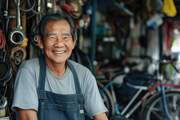 Fototapeta premium Smiling asian mechanic man near bicycle repair workshop