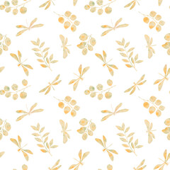 seamless abstract pattern drawn in watercolor, cut out silhouette of dragonflies and leaves on a white background.