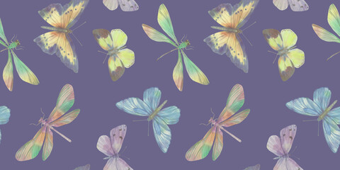 seamless pattern of delicate butterflies and dragonflies on a purple background