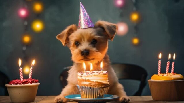 Portrait of funny pug dog with party hat and birthday cake with candle, lies on the floor, footage, 4k footage, videos