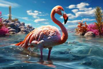 Pink flamingo standing in the water