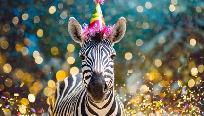happy cute animal friendly zebra wearing a party hat celebrating at a fancy newyear or birthday...