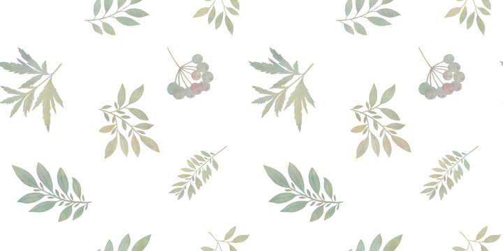 leaves and branches are painted in .Watercolor seamless pattern with cute little leaves and berries on a light background