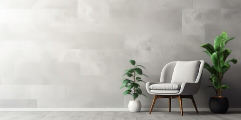 White chair and plant in room, interior decor, grey stone wall, frame and carpet design.