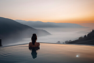 Fototapeta na wymiar woman in a pool overlooking misty mountains during a serene, beautiful sunset, ai generative, ai generative