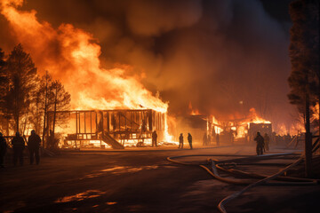 In residential home disaster at city, fire destroys buildings with flames coming from roof. Generative AI