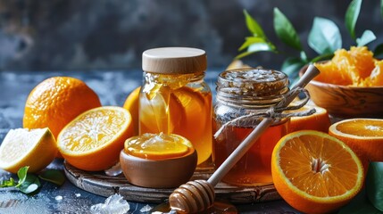 honey and the tangy sweetness of citrus fruits, displayed in a glass jar with a wooden spoon dipper, accentuating the diverse flavors
