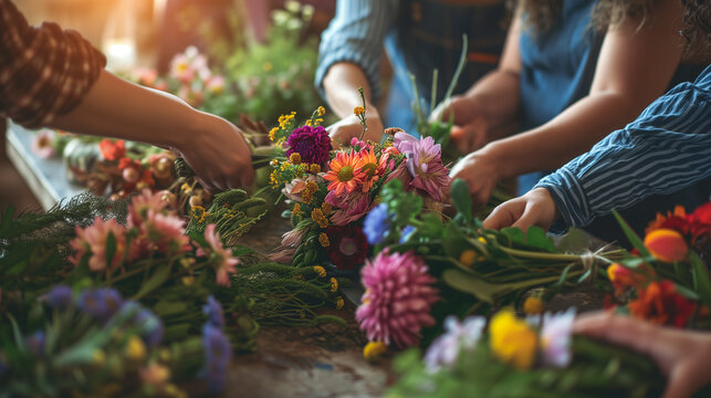 Floral background, with female hands on blurred background of various flowers. Floral workshop with participants. A company of women creates traditional Slavic bouquets.