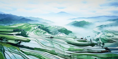 Papier Peint photo Rizières a breathtaking landscape of terraced rice fields amidst misty mountains, reflecting serenity and natural beauty, ai generative