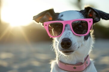 A fashionable dog rocks pink sunglasses and a pink collar for a trendy and fun look