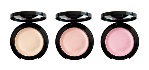 Three open compact powders in varying shades from light to pink isolated on a transparent background, makeup and cosmetics concept