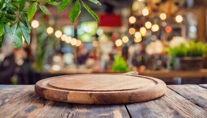 vintage cutting board for food display on blurred restaurant background - Powered by Adobe