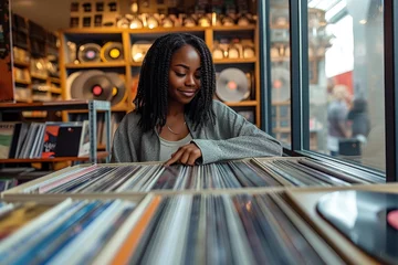 Papier Peint photo Lavable Magasin de musique A contemplative woman peruses the rows of records in a cozy indoor store, her bookish attire blending seamlessly with the artfully arranged bookcases of this eclectic library