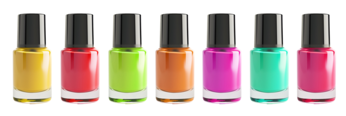 Colorful nail polish bottles arranged in a row on a transparent background, ideal for beauty and fashion concepts