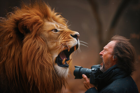 The lion and the photographer come face to face and shout at each other. Animal photographer.