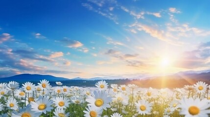realistic photo Natural colorful panoramic landscape with many wild daisies on blue sky, with sunrise background. generative ai