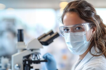 A dedicated woman, clad in protective gear, carefully examines a sample under a powerful microscope in a sterile laboratory, embodying the passion and precision of a skilled medical technologist in t