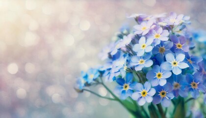 spring blue forget me nots flowers posy pastel background selective focus toned floral card