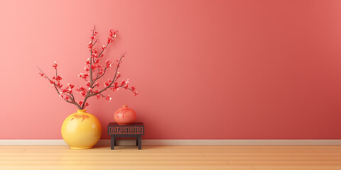 Realistic empty chinese new year scene rendering, minimal, ground and wall