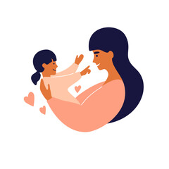 Happy motherhood, childhood, care vector illustration. Maternity heart love. Mom cuddling carrying daughter. Young woman holding baby girl in hands. Mother hugging child, playing. Mother's day card