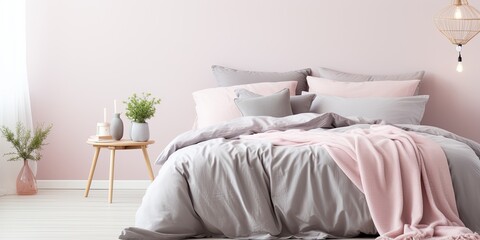 Fototapeta na wymiar Grey blanket on wooden bed with pink bedding