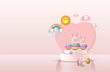Fototapeta na wymiar Easter bunny with colorful Easter eggs. Happy Easter holiday concept, minimalistic style, 3d vector. Space for copying.