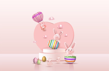 Easter bunny with colorful Easter eggs. Happy Easter holiday concept,
 minimalistic style, 3d vector. Space for copying.