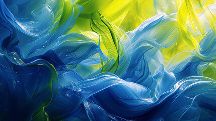 The dance of cobalt and chartreuse creates a hypnotic abstract tableau, capturing the essence of dynamic movement.  - obrazy, fototapety, plakaty