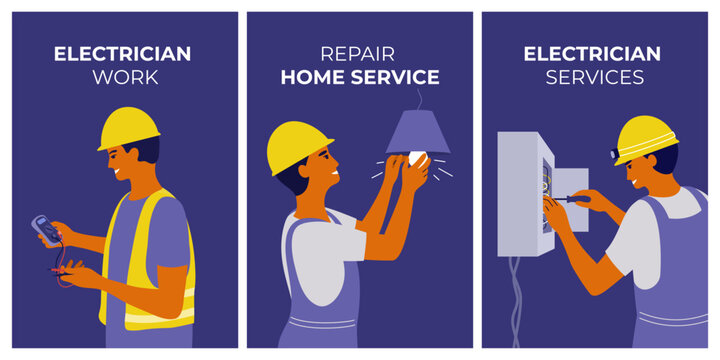 Set of banners electrical industry, electrician work, repair home service. Engineer holding digital multimeter screwing light bulb checking wire in switch board. Repairman working vector illustration