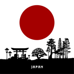 Naklejka premium Vector illustration of Japanese panoramic landscape silhouette and sun