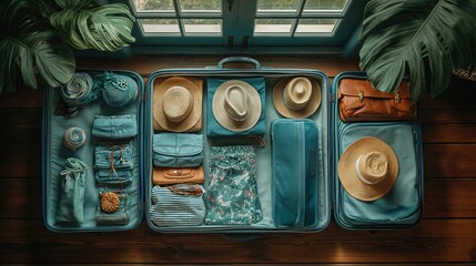 An overhead view of a neatly organized suitcase packed with clothing and travel essentials, capturing the excitement and preparation of a new adventure
