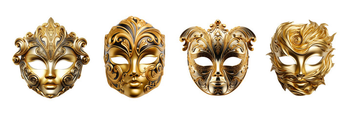 Set of Elegant representation of a golden opera mask, focusing on its captivating single eye on a transparent background